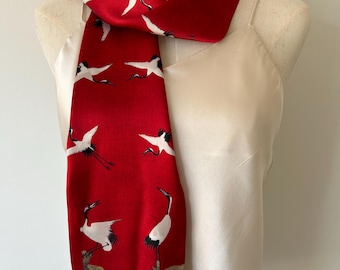 Red Mulberry Silk Scarf: Auspicious Cranes, Oriental Art Neck Scarf