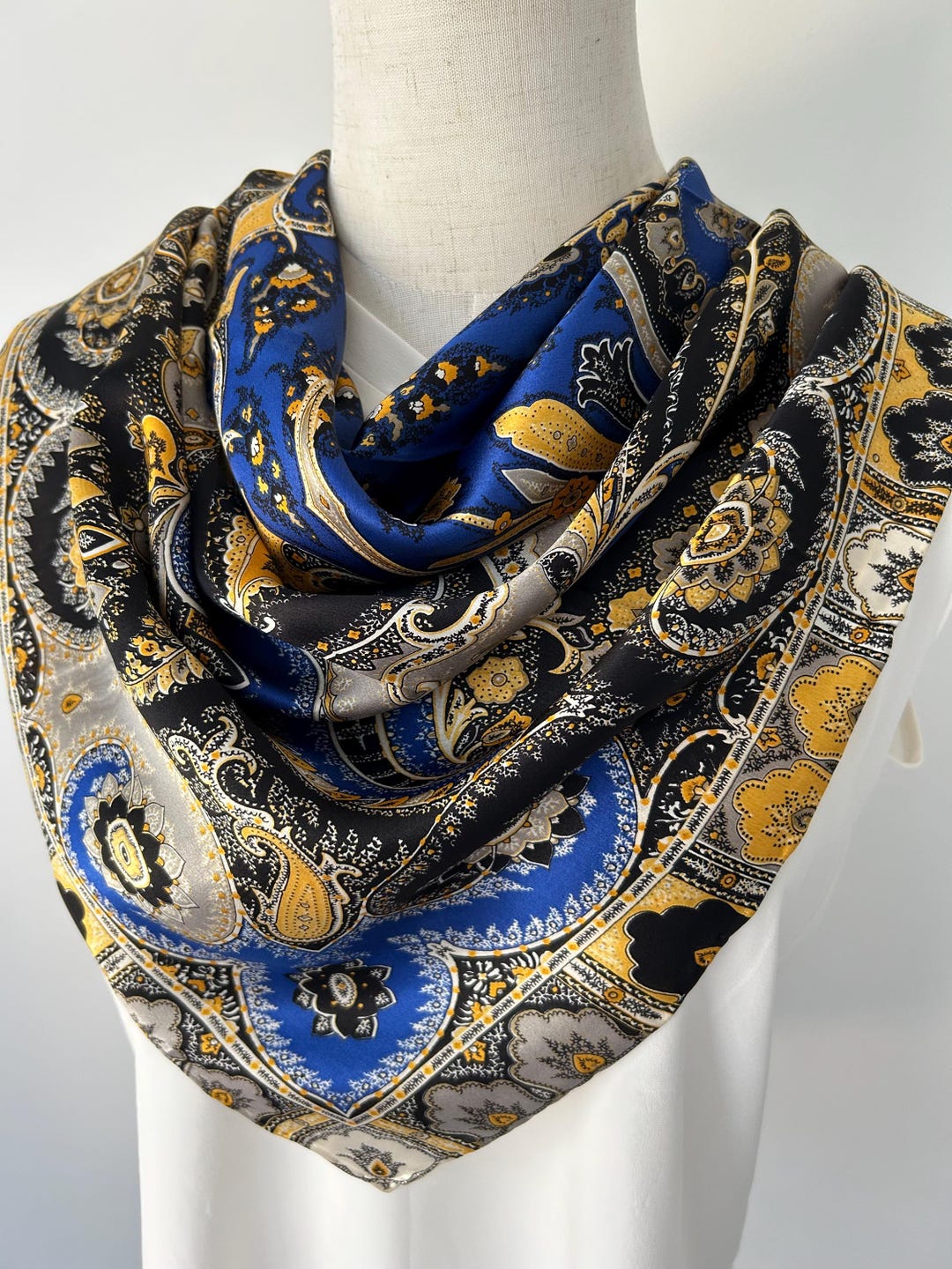 Mulberry Silk Scarf: Blue & Gold Floral Print, Hand-rolled Edges