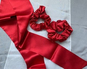 Handmade Mulberry Silk Scarf and Scrunchies Set - Bright Red