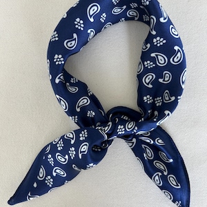 Mulberry Silk Paisley Scarf: Navy Blue Neckerchief, Hair Scarf