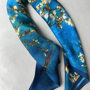 Mulberry Silk Scarf: Van Gogh Almond Blossom Painting, Blue Floral Neckerchief