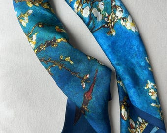 Mulberry Silk Scarf: Van Gogh Almond Blossom Painting, Blue Floral Neckerchief