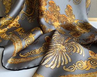 100% Natural Mulberry Silk Large Square Scarf 43" x 43" "Golden Palace" Gray Gold Silk Neck Scarf Silk Hair Wrap Silk Shawl Gift for Her