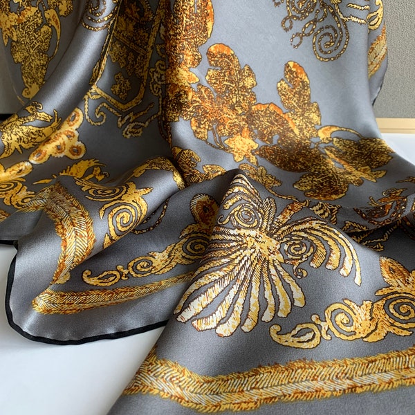 100% Natural Mulberry Silk Large Square Scarf 43" x 43" "Golden Palace" Gray Gold Silk Neck Scarf Silk Hair Wrap Silk Shawl Gift for Her