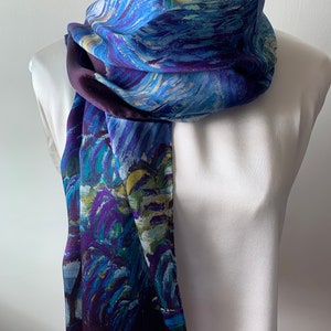 100% Natural Mulberry Silk Long Scarf 68" x 22" van Gogh Starry Night Deep Blue Purple Silk Neck Scarf Hair Wrap Silk Scarf Blue Silk Shawl