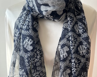 Pure Natural Mulberry Silk Chiffon Scarf 71" x 28" Long Scarf Blue and White Elephant Printed Silk Neck Scarf Hair Wrap Blue Silk Shawl