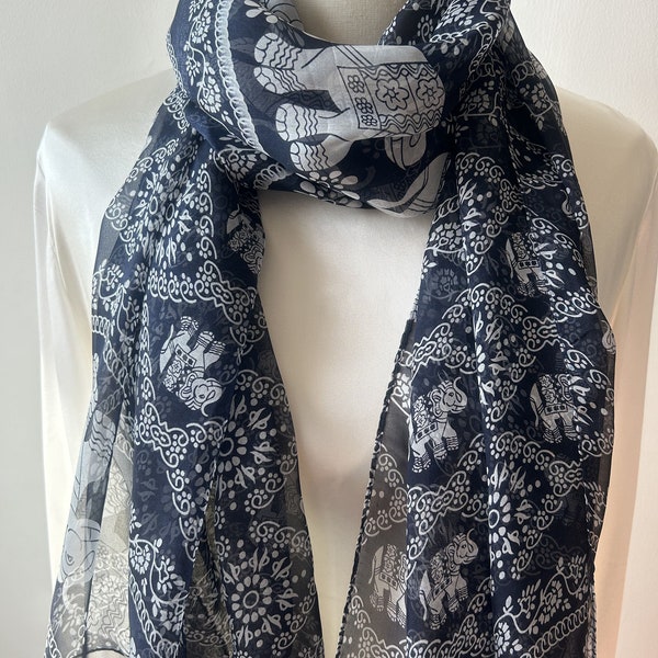 Pure Natural Mulberry Silk Chiffon Scarf 71" x 28" Long Scarf Blue and White Elephant Printed Silk Neck Scarf Hair Wrap Blue Silk Shawl