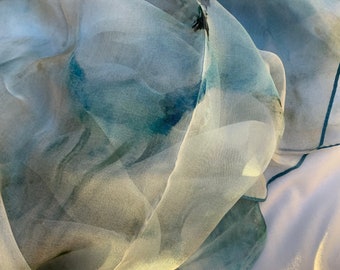 Pure Natural Mulberry Silk Large Chiffon Scarf 71" x 43" Scarf Shawl Soft Light Blue Grey Abstract Floral Silk Neck Scarf Silk Dress Shawl