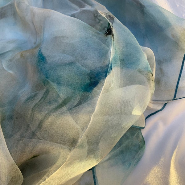 Pure Natural Mulberry Silk Large Chiffon Scarf 71" x 43" Scarf Shawl Soft Light Blue Grey Abstract Floral Silk Neck Scarf Silk Dress Shawl