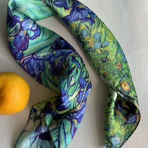 100% Natural Mulberry Silk Small Square Scarf 21&quot; x 21&quot; van Gogh&#39;s IRISES Purple Green Silk Neckerchief Silk Hair Scarf Handbag Scarf Gift