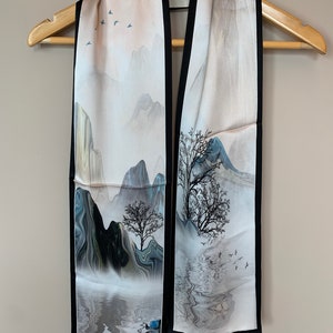 100% Natural Mulberry Silk Narrow Long Scarf 59" x 6.6" White Silk Scarf Art Classic Ming Dynasty Scenery Silk Neck Scarf Hair Scarf Gift