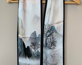 100% Natural Mulberry Silk Narrow Long Scarf 59" x 6.6" White Silk Scarf Art Classic Ming Dynasty Scenery Silk Neck Scarf Hair Scarf Gift