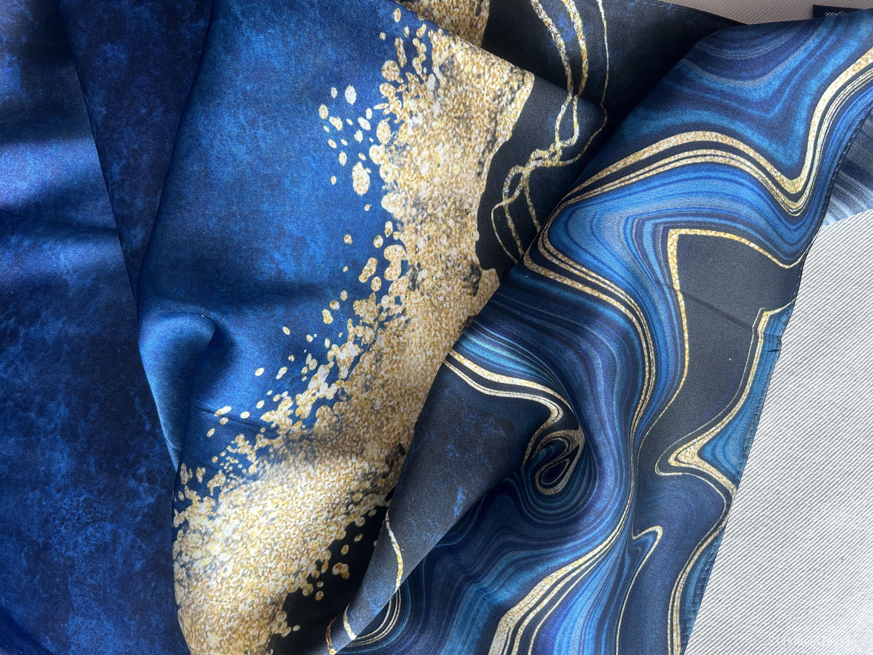 Mulberry Silk Scarf: Blue Gold Abstract Print, Long Neck 