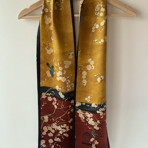 100% Natural Mulberry Silk Narrow Scarf 59" x 6.6" Red Gold Oriental Art Vibrant "Forbidden City" Silk Neck Scarf Silk Hair Silk Scarf Gift