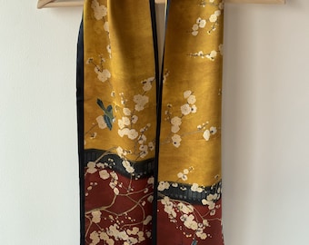 Mulberry Silk Narrow Scarf: "Forbidden City" Art, Red & Gold, 59" x 6.6"
