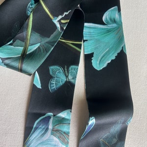 100% Natural Mulberry Silk Skinny Scarf 60&quot; x 2.6&quot; Blue Green Black Floral Silk Neck Scarf Hair Scarf Headband Scarf Bag Silk Scarf Gift