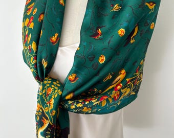 Mulberry Silk Scarf: Emerald Green Forest Animal Print, 43