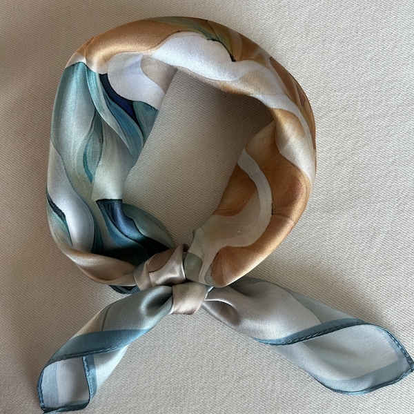 100% Natural Mulberry Silk Small Square Scarf 21" x 21" Spring Blue Floral Silk Neckerchief Silk Hair Scarf Wrist Scarf Bag Silk Scarf Gift