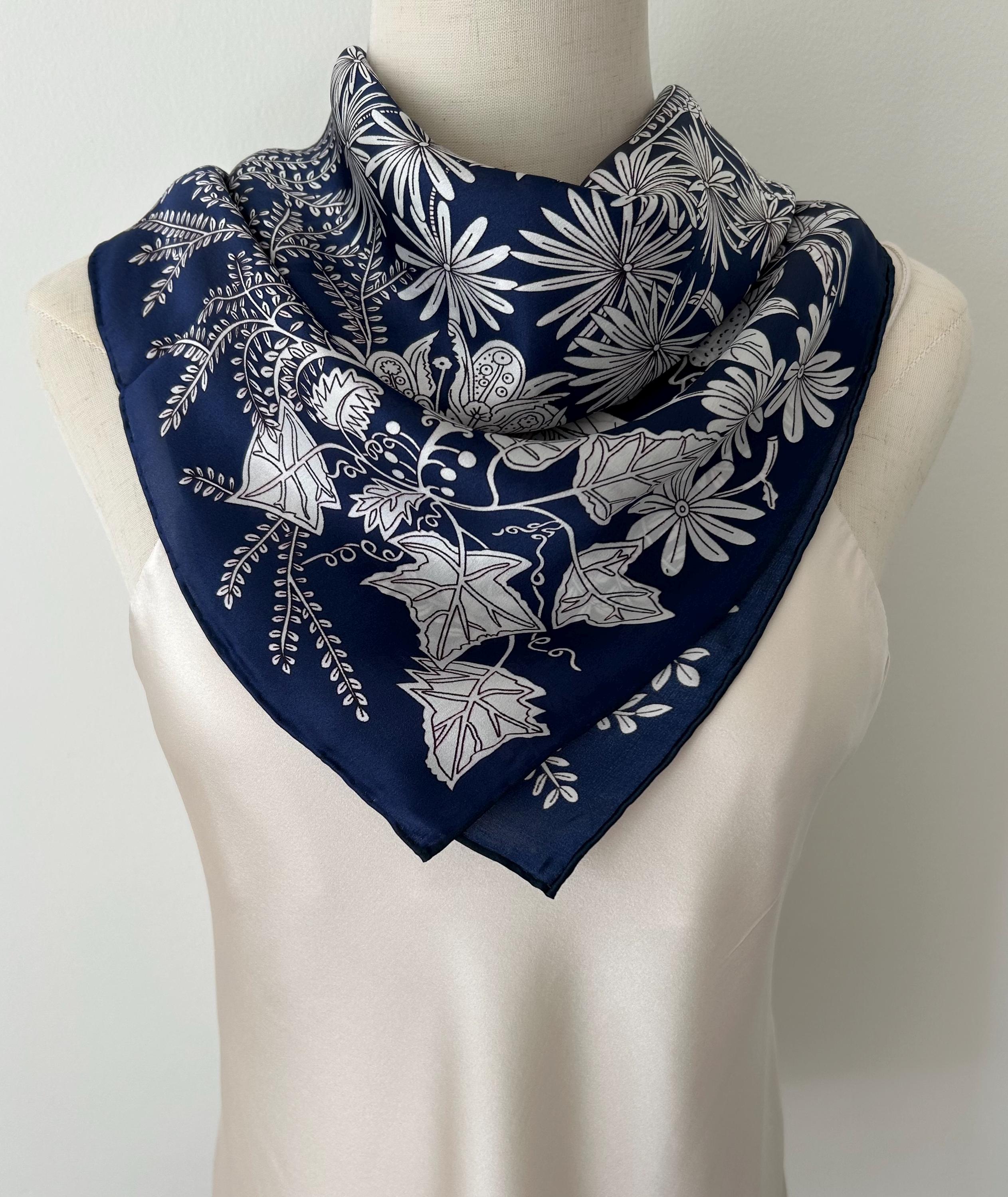 Mulberry Silk Scarf: Navy Blue Floral Sketch, 35 display picture 1