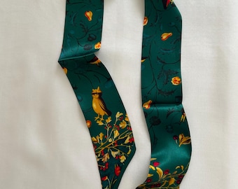 Mulberry Silk Skinny Scarf: Green Birds Forest Neck Bow, Bag Hair Accessory 33"x2"