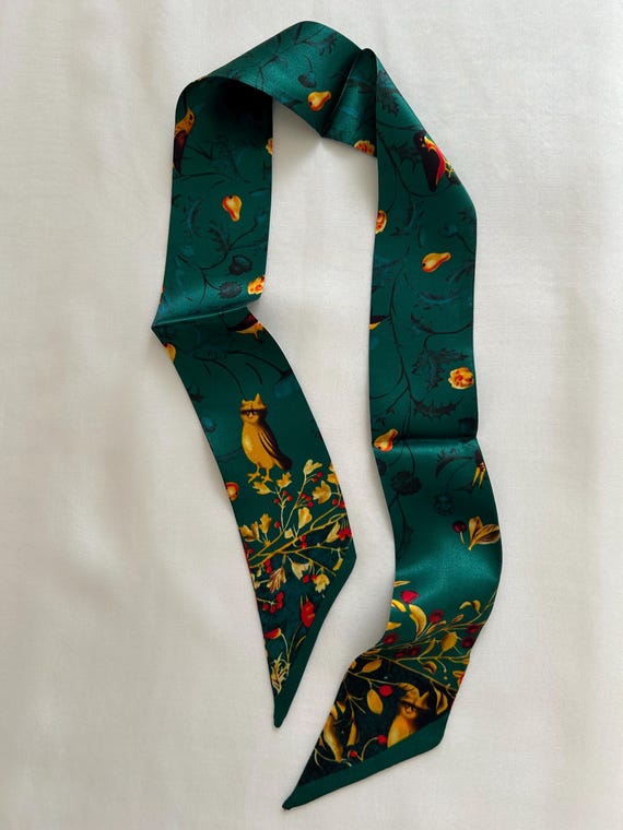 Mulberry Silk Skinny Scarf: Green Birds Forest Neck Bow, Bag 