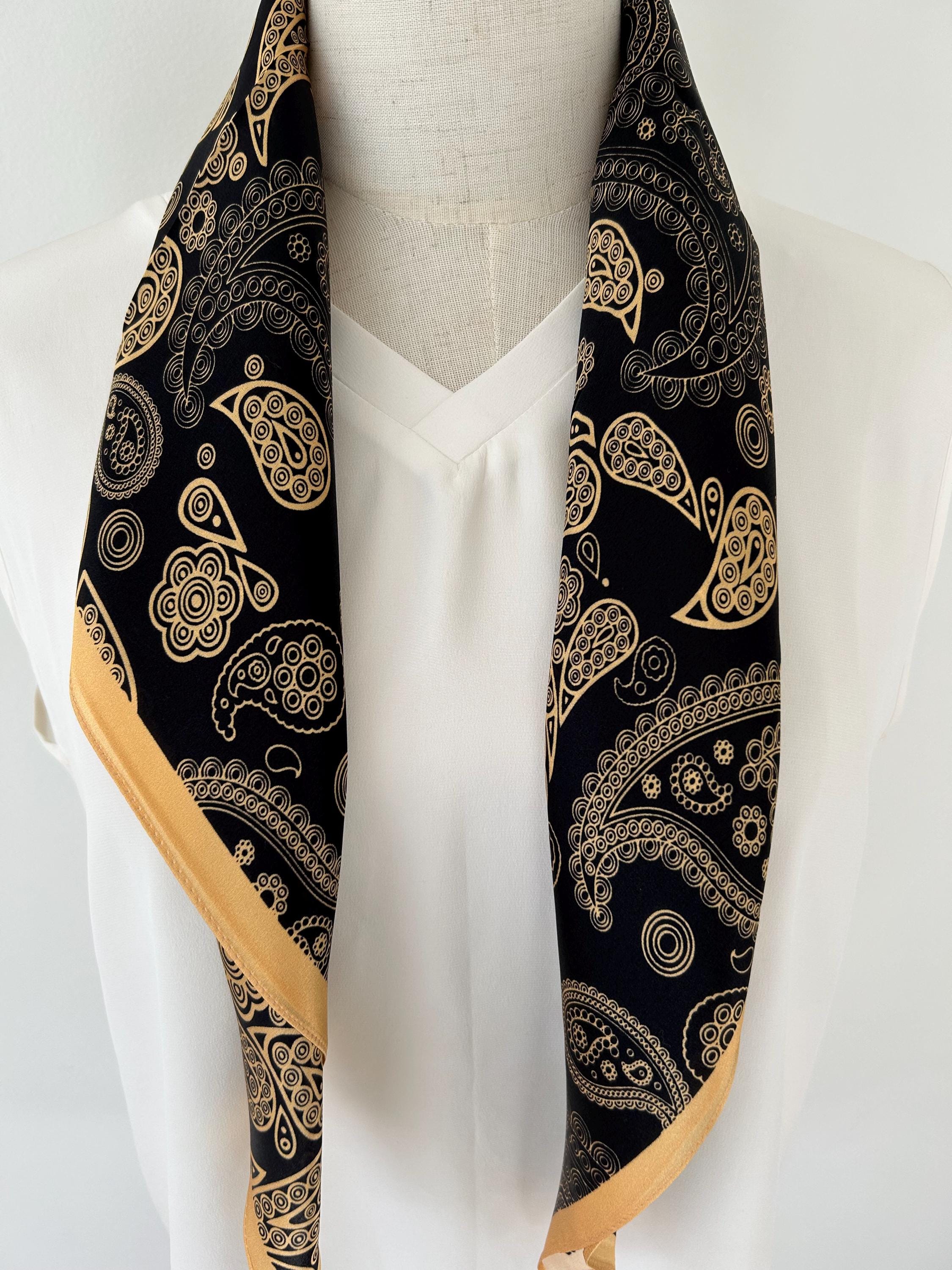 Mulberry Silk Scarf: Gold Paisley Gray Black Neckerchief (26