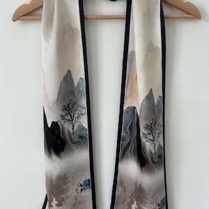 Mulberry Silk Scarf: Antique Scenery Art, Black & White, 59&quot; x 6.6&quot;