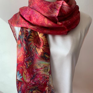 100% Natural Mulberry Silk 68&quot; x 22&quot; Large Long Shawl Art Red Vibrant Phoenix Silk Neck Scarf Head Scarf Hair Scarf Red Silk Shawl Gift