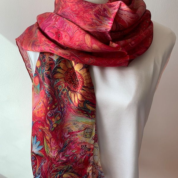 Mulberry Silk Scarf: Vibrant Phoenix Print, Large Red Shawl