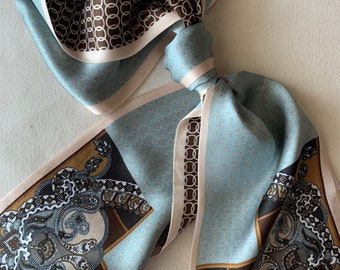 Mulberry Silk Neck Scarf: Pale Green & Brown Print, Hair Accessory