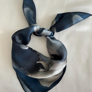 Mulberry Silk Scarf: Watercolor Floral Art, Blue Gray Beige Neckerchief (21" x 21")