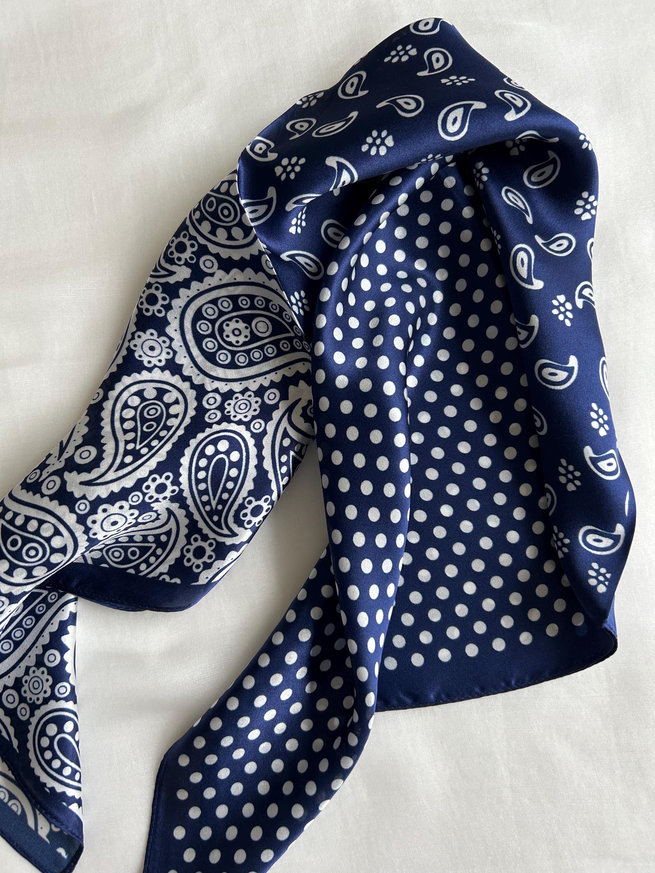 Mulberry Silk Scarf: Navy Blue Pattern Polka Dot Paisley  display picture 1