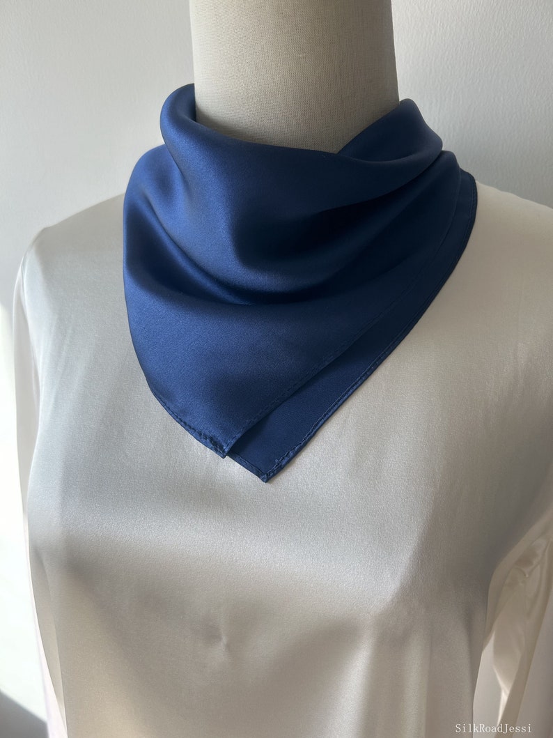 Pure Natural Mulberry Silk Scarf 26' x 26 Medium Dark Blue Plain Silk Neckerchief Hair Scarf Silk Scarf Gift Fashion Scarf for Her Him image 2