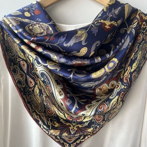 Mulberry Silk Scarf: Floral Purple Blue Shawl, Hand-Rolled Edges 43&quot;