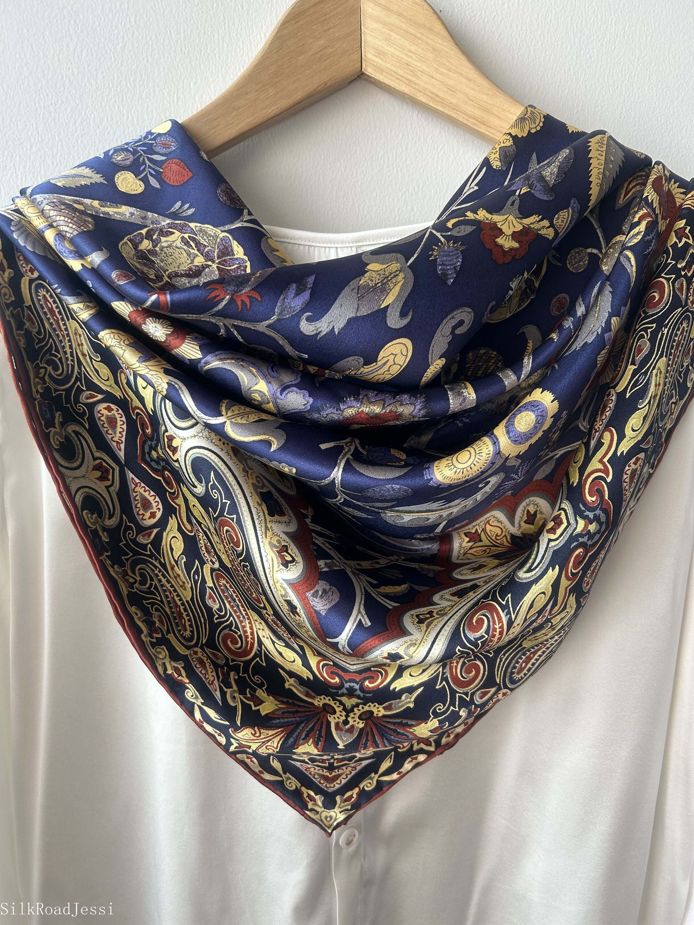Mulberry Silk Scarf: Floral Purple Blue Shawl, Hand-rolled  display picture 1