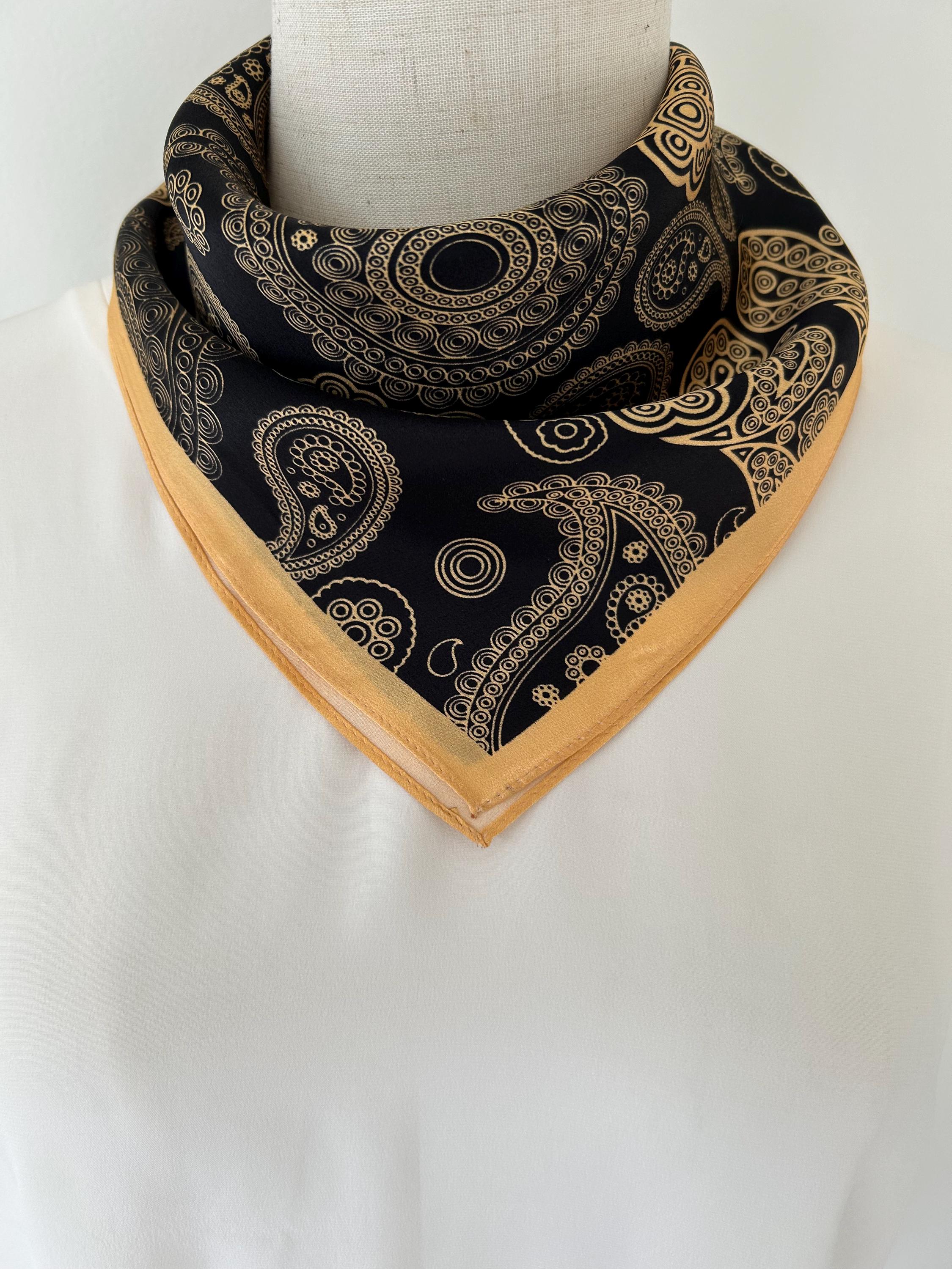 Mulberry Silk Scarf: Gold Paisley Gray Black Neckerchief (26