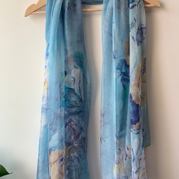 100% Natural Mulberry Silk Chiffon Scarf Blue Long Silk Shawl 71" x 43" Peony Floral Silk Neck Scarf Light Weight Blue Silk Shawl