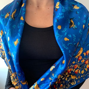 100% Natural Mulberry Silk 43" x 43" Large Square Blue Forest Festival Silk Neck Scarf Head Scarf Silk Hair Scarf Blue Silk Shawl Gift