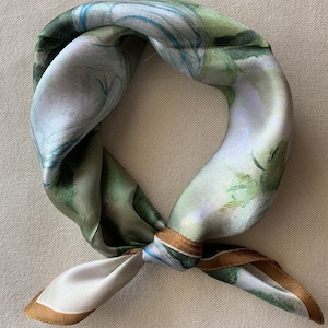 100% Natural Mulberry Silk Small Scarf 21&quot; x 21&quot; White Green Peonies Sketch Silk Neckerchief Hair Pony Scarf Wrist Purse Silk Scarf Gift