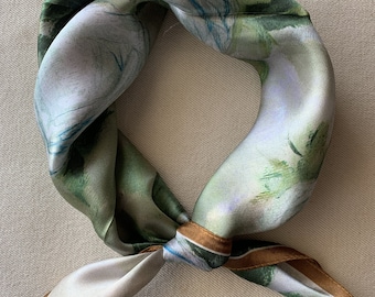 100% Natural Mulberry Silk Scarf Small 21" x 21" White Green Peonies Art Sketch Silk Neck Scarf Hair Scarf Bag Silk Scarf Gift