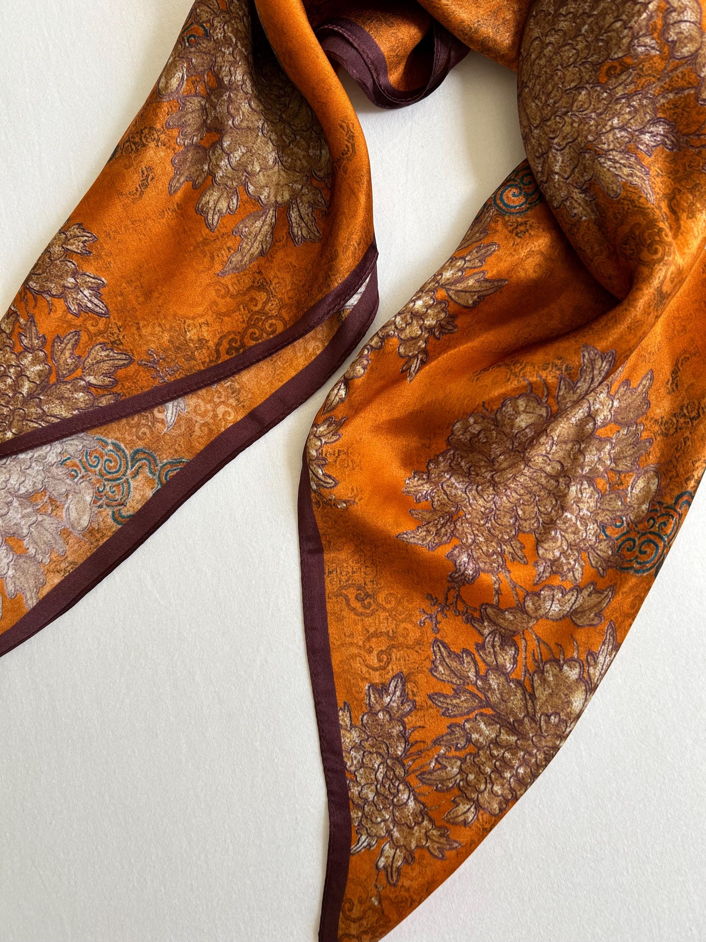 Mulberry Silk Scarf: Orange Antique Chrysanthemum Print (26