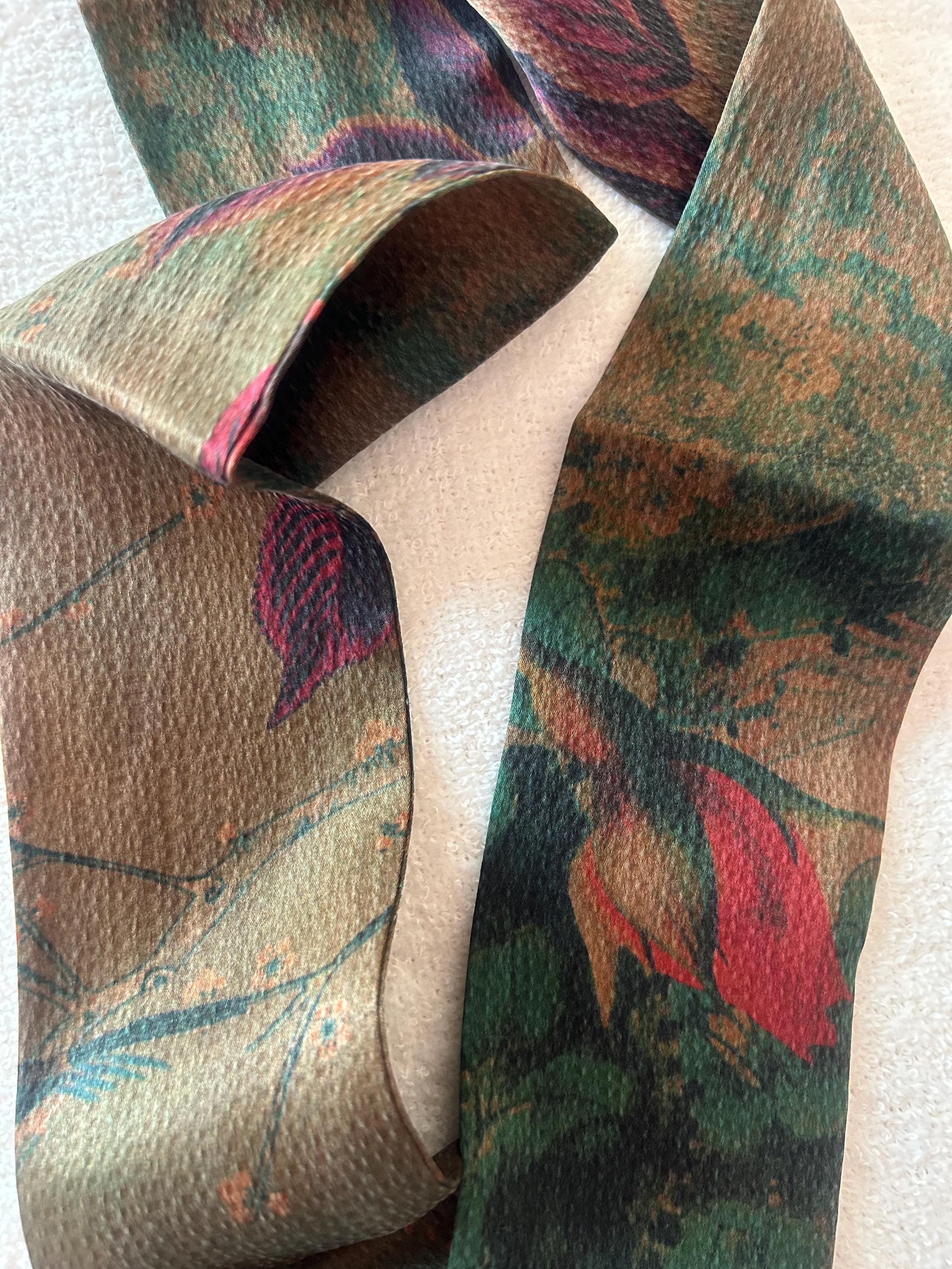 Handmade Gambiered Canton Silk Scarf: Birds Floral Print, Green & Red