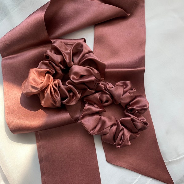 100% Natural Mulberry Silk Handmade Skinny Scarf/Neck/Head band/Pony/Bag Accessory Medium&Small Scrunchies Set Gift Dusty Rose