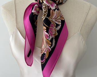 Mulberry Silk Scarf: Pink Floral Neckerchief, Vintage Style 26”