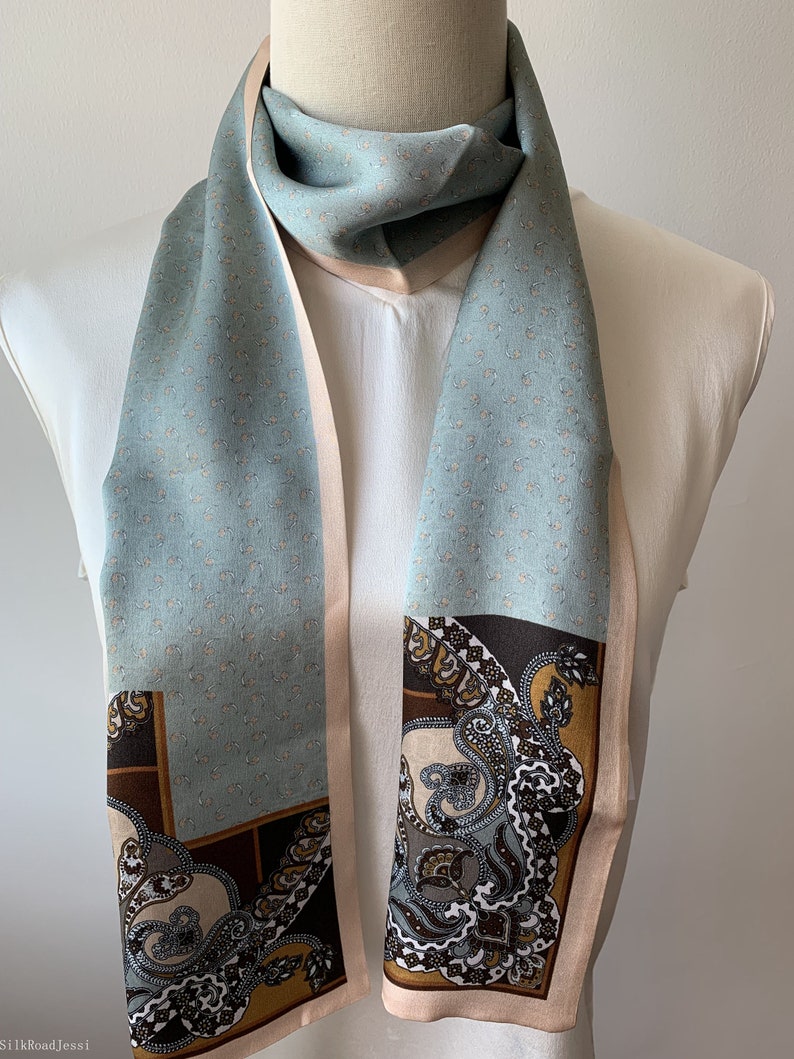 Pure Natural Mulberry Silk Narrow Long Scarf 59 x 6.3 Greyish Blue Brown Silk Neck Scarf Hair Scarf Accent Silk Scarf Silk Scarf Gift image 7