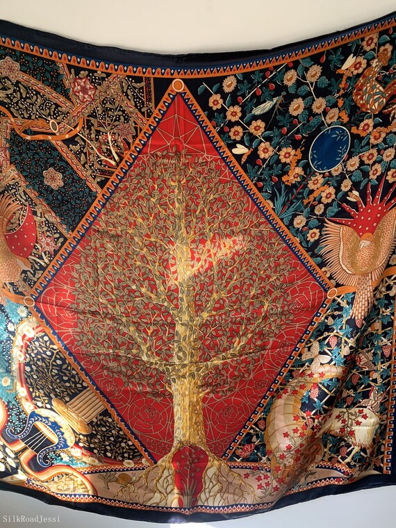 Mulberry Silk Scarf: Fantasy Tree Print, Large Square Shawl 