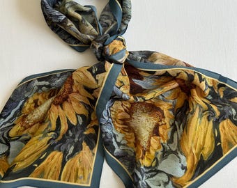 Sunflower Silk Scarf: Orange Blue Crepe de Chine Scarf