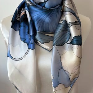 Mulberry Silk Scarf: Blue Floral Neck Scarf, Hair Wrap (35"x35")