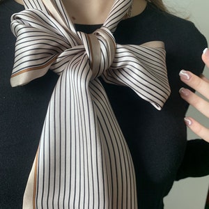 100% Natural Mulberry Silk 61&quot; x 6.3&quot; Narrow Scarf Beige Striped Pattern Silk Neck Scarf Hair Scarf Coat Scarf Silk Scarf Gift for Her