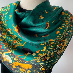 100% Natural Mulberry Silk 35&quot; x 35&quot; Scarf Green Forest Festival Silk Neck Scarf Head Wrap Silk Hair Scarf Silk Shawl Christmas Scarf Gift